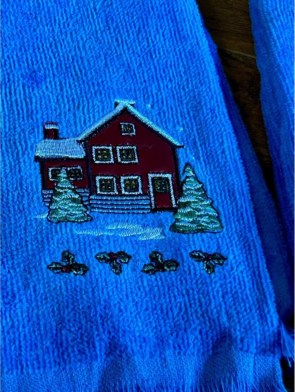 Blue Hand Towels with Red House and Tree Embroidery